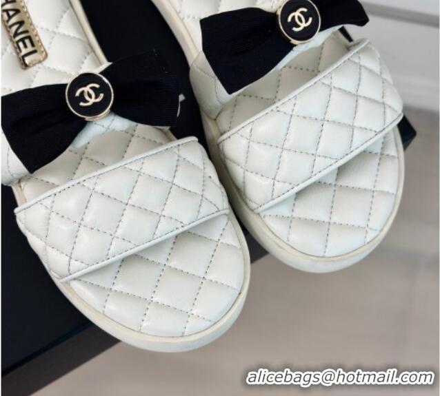 Luxurious Chanel Lambskin Flat Slide Sandals with Bow White 323076