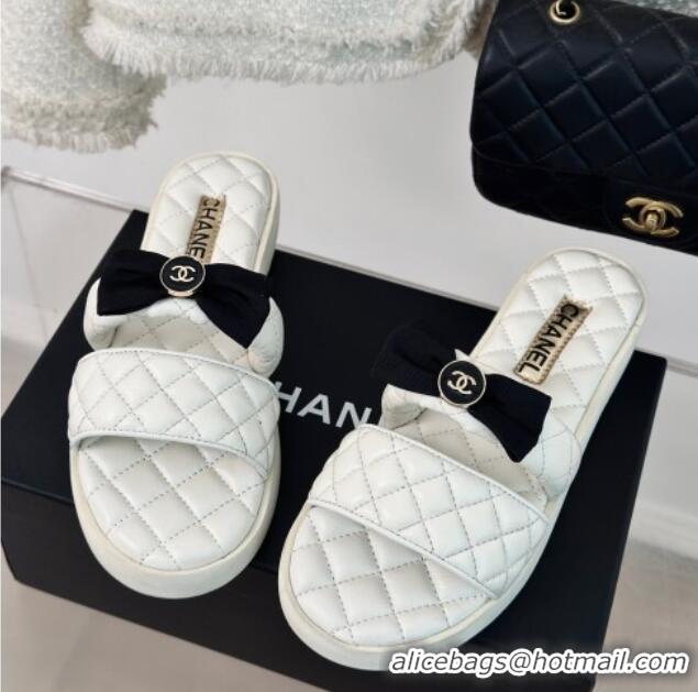 Luxurious Chanel Lambskin Flat Slide Sandals with Bow White 323076