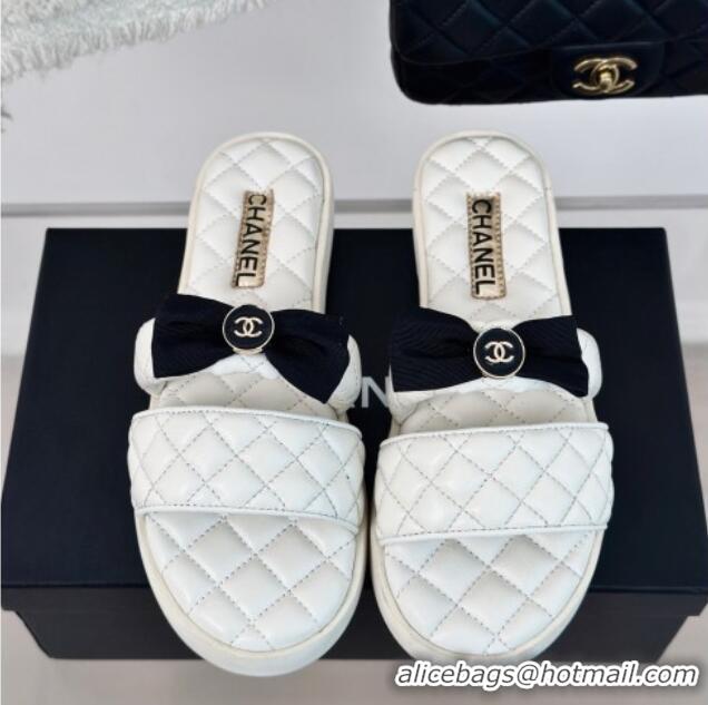 Luxurious Chanel Lambskin Flat Slide Sandals with Bow White 323076