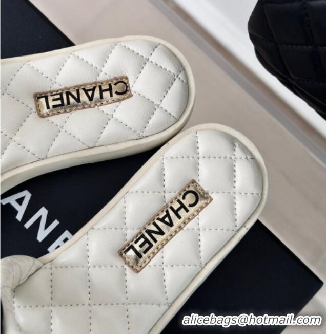 Luxurious Chanel Lambskin Flat Slide Sandals with Bow White 323076