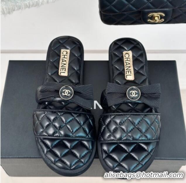 Charming Chanel Lambskin Flat Slide Sandals with Bow Black 323077