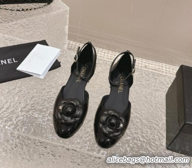 Low Price Chanel Camellia Bloom Lambskin Mary Janes Flat Black 323078