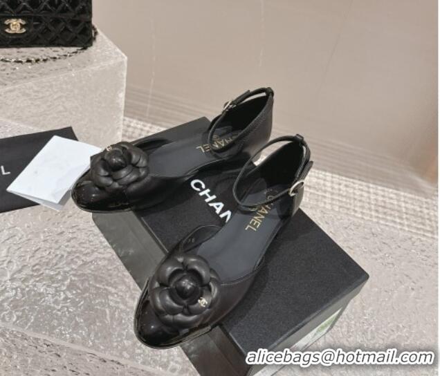 Low Price Chanel Camellia Bloom Lambskin Mary Janes Flat Black 323078