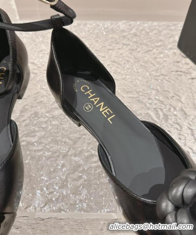 Low Price Chanel Camellia Bloom Lambskin Mary Janes Flat Black 323078