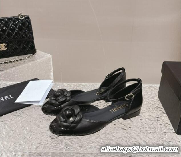 Low Price Chanel Camellia Bloom Lambskin Mary Janes Flat Black 323078