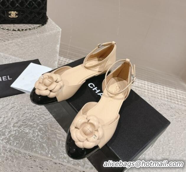 Pretty Style Chanel Camellia Bloom Lambskin Mary Janes Flat Beige 323079