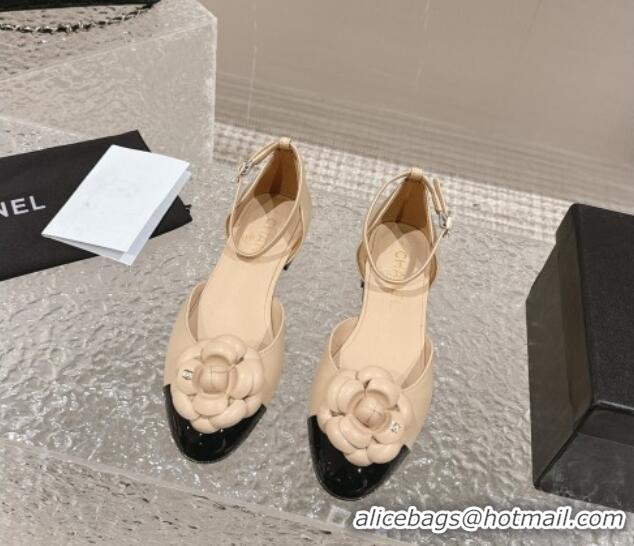 Pretty Style Chanel Camellia Bloom Lambskin Mary Janes Flat Beige 323079