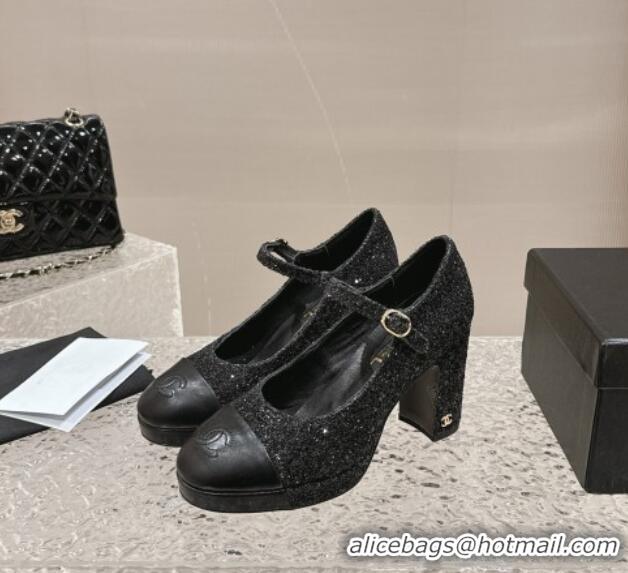 Best Price Chanel Glitters Mary Janes Platform Pumps Black 323082