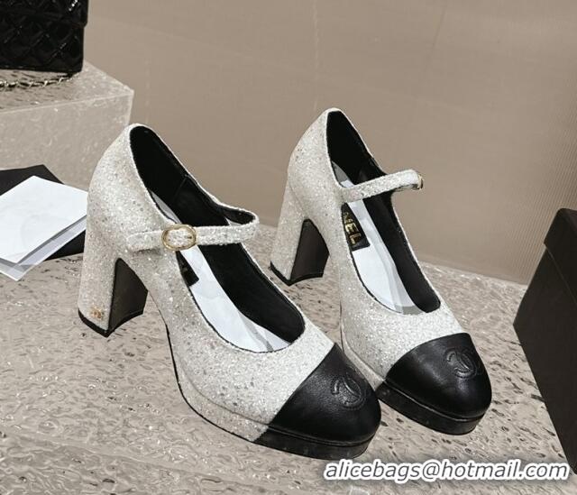 Good Quality Chanel Glitters Mary Janes Platform Pumps Silver 323083