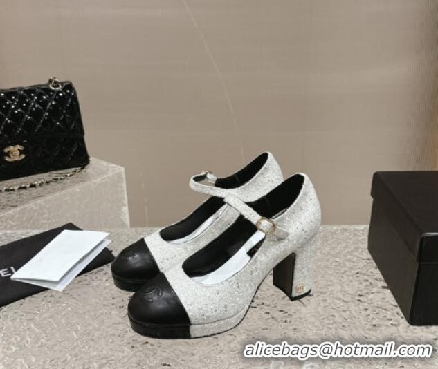 Good Quality Chanel Glitters Mary Janes Platform Pumps Silver 323083