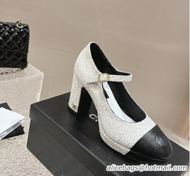 Good Quality Chanel Glitters Mary Janes Platform Pumps Silver 323083