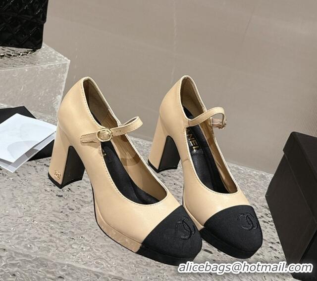 Grade Quality Chanel Lambskin Mary Janes Platform Pumps Beige 323084