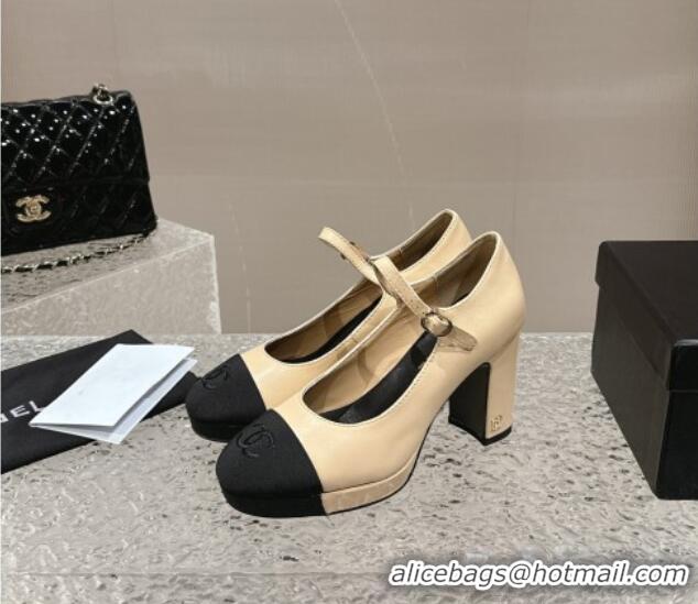 Grade Quality Chanel Lambskin Mary Janes Platform Pumps Beige 323084