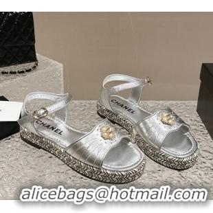 Best Grade Chanel Lambskin Flat Sandals with Pearls Bloom Silver 323087