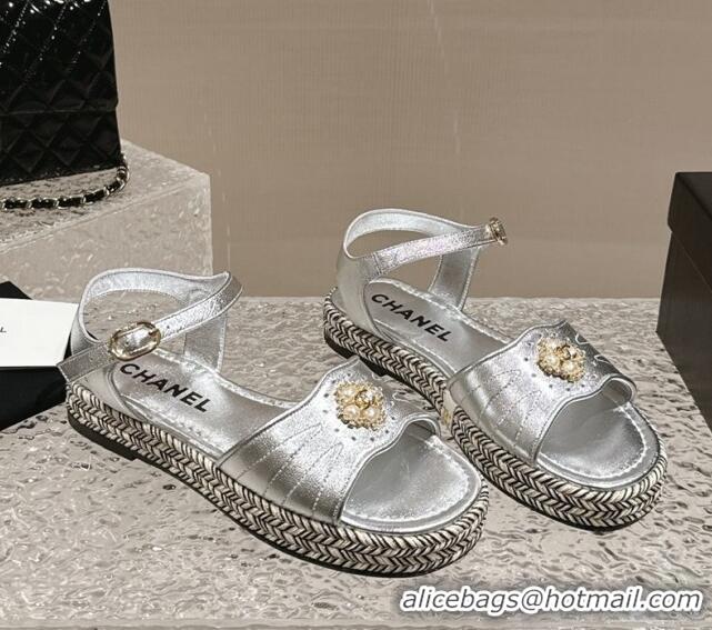 Best Grade Chanel Lambskin Flat Sandals with Pearls Bloom Silver 323087