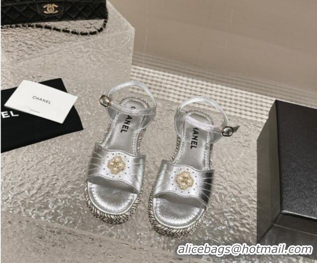 Best Grade Chanel Lambskin Flat Sandals with Pearls Bloom Silver 323087