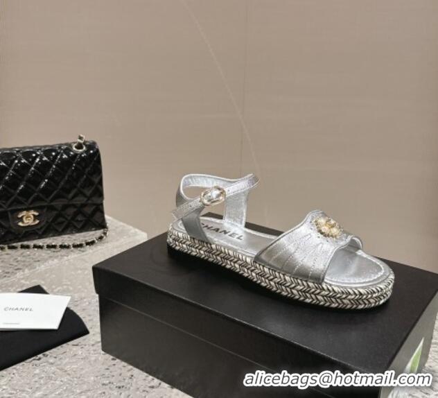 Best Grade Chanel Lambskin Flat Sandals with Pearls Bloom Silver 323087