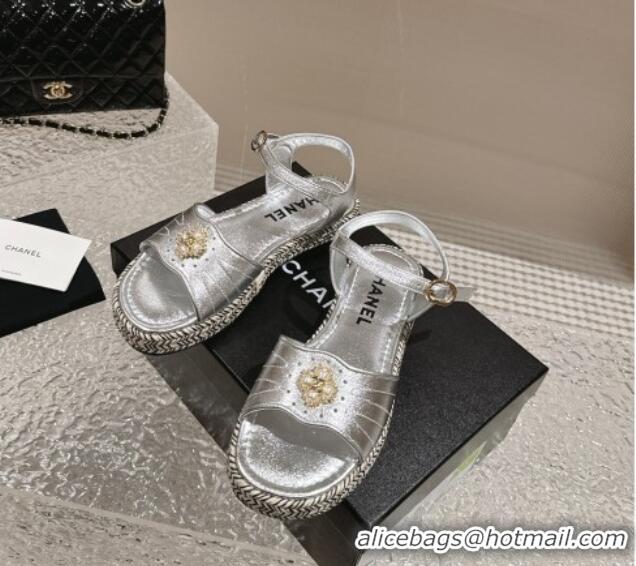 Best Grade Chanel Lambskin Flat Sandals with Pearls Bloom Silver 323087