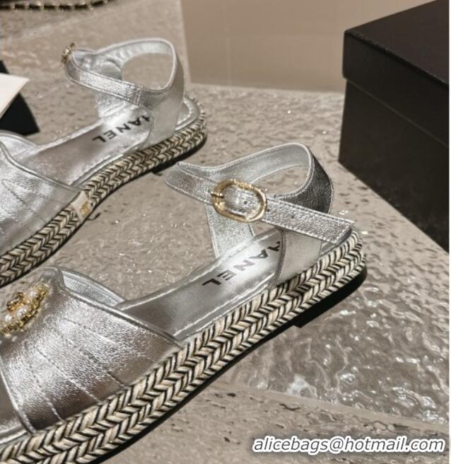 Best Grade Chanel Lambskin Flat Sandals with Pearls Bloom Silver 323087