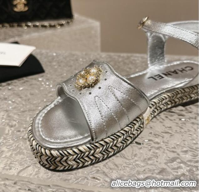 Best Grade Chanel Lambskin Flat Sandals with Pearls Bloom Silver 323087