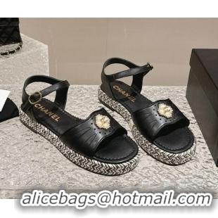 Low Cost Chanel Lambskin Flat Sandals with Pearls Bloom Black 323088