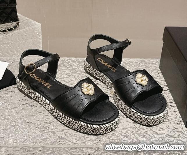 Low Cost Chanel Lambskin Flat Sandals with Pearls Bloom Black 323088