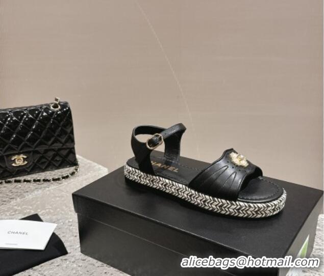 Low Cost Chanel Lambskin Flat Sandals with Pearls Bloom Black 323088