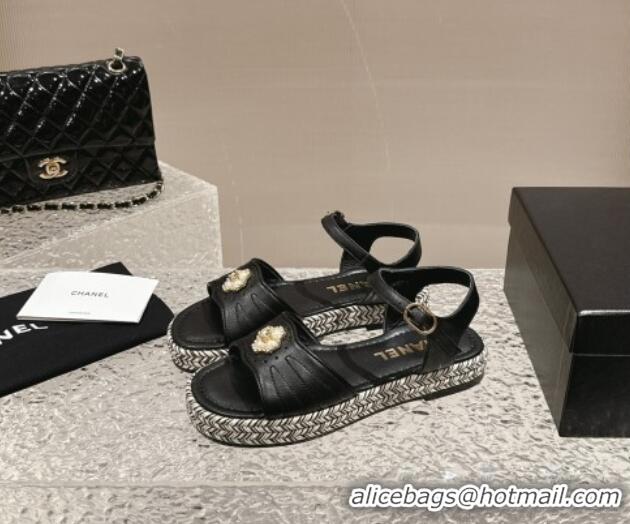 Low Cost Chanel Lambskin Flat Sandals with Pearls Bloom Black 323088