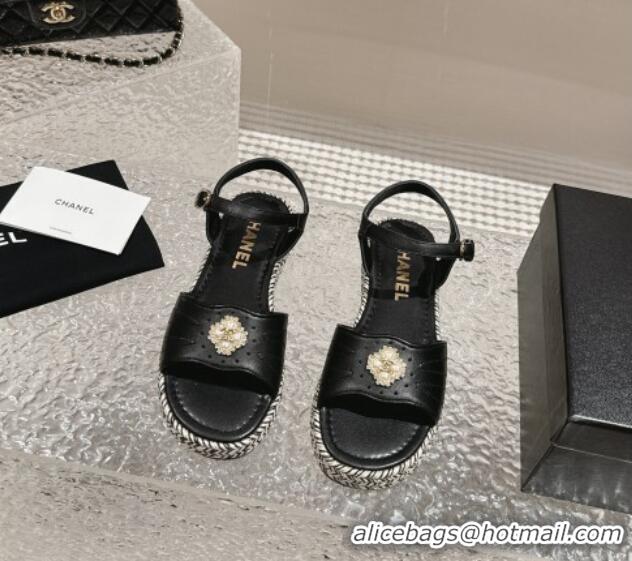 Low Cost Chanel Lambskin Flat Sandals with Pearls Bloom Black 323088