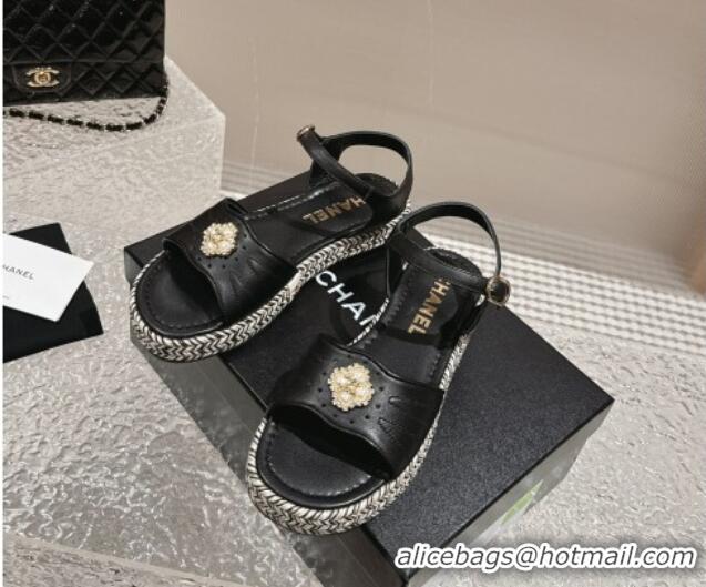 Low Cost Chanel Lambskin Flat Sandals with Pearls Bloom Black 323088