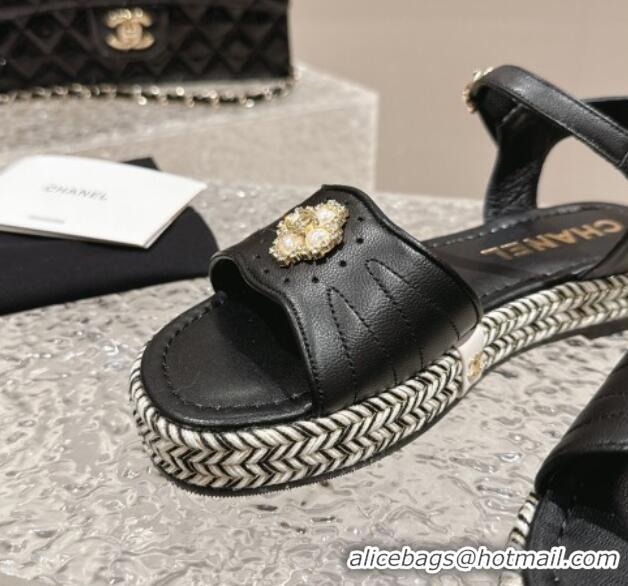 Low Cost Chanel Lambskin Flat Sandals with Pearls Bloom Black 323088