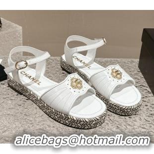 Good Product Chanel Lambskin Flat Sandals with Pearls Bloom White 323089