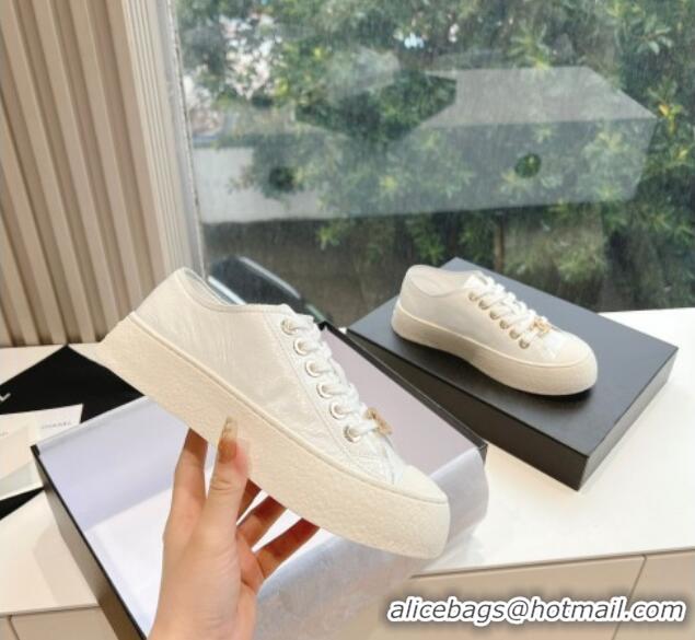 Classic Hot Chanel Patent Calfskin Low-Top Sneakers G45561 White 323090