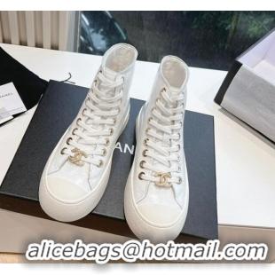 Classic Hot Chanel Patent Calfskin High-Top Sneakers G45561 White 323092