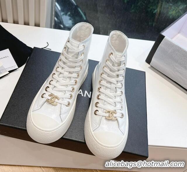 Classic Hot Chanel Patent Calfskin High-Top Sneakers G45561 White 323092