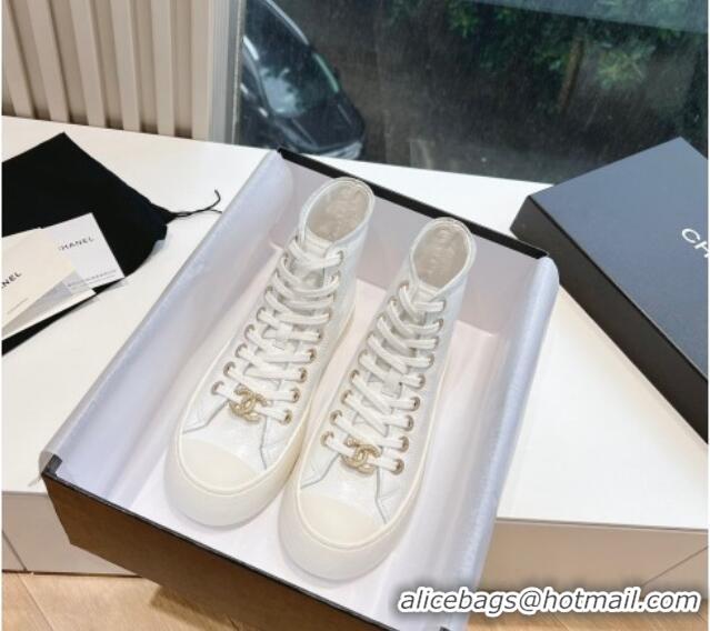 Classic Hot Chanel Patent Calfskin High-Top Sneakers G45561 White 323092