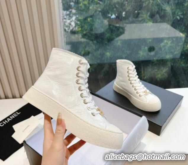 Classic Hot Chanel Patent Calfskin High-Top Sneakers G45561 White 323092