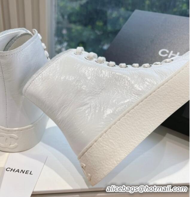 Classic Hot Chanel Patent Calfskin High-Top Sneakers G45561 White 323092