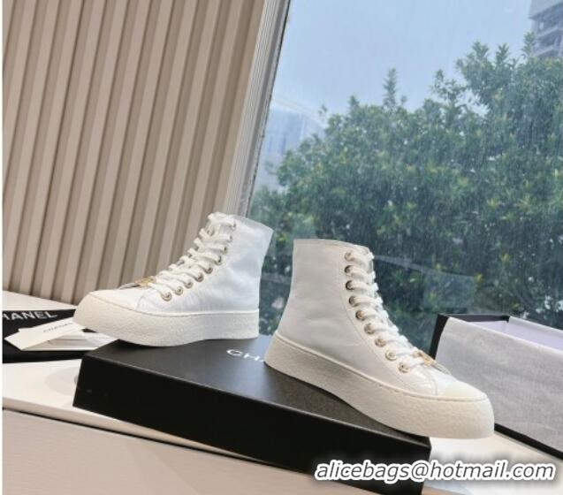 Classic Hot Chanel Patent Calfskin High-Top Sneakers G45561 White 323092