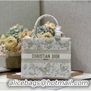 Famous Brand Dior Small Book Tote Bag in Gold-Tone and White Butterfly Zodiac Embroidery CD2931 2023