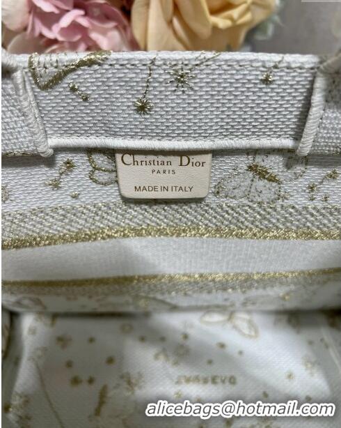 Famous Brand Dior Small Book Tote Bag in Gold-Tone and White Butterfly Zodiac Embroidery CD2931 2023