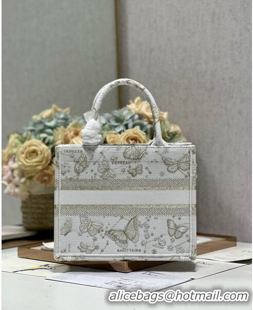 Famous Brand Dior Small Book Tote Bag in Gold-Tone and White Butterfly Zodiac Embroidery CD2931 2023