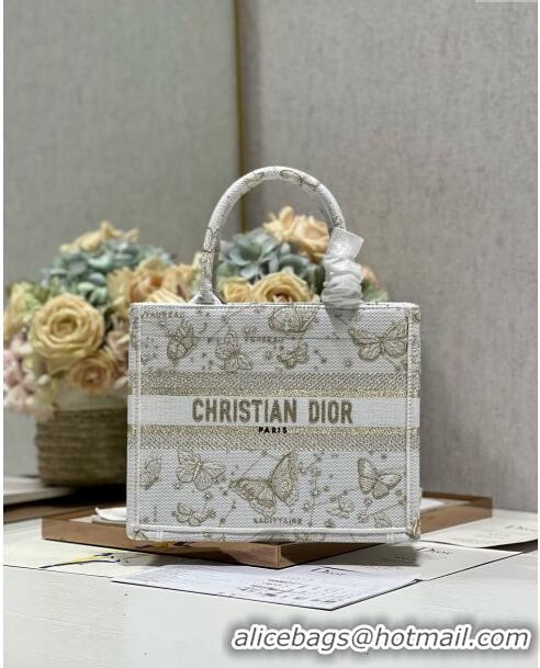 Famous Brand Dior Small Book Tote Bag in Gold-Tone and White Butterfly Zodiac Embroidery CD2931 2023