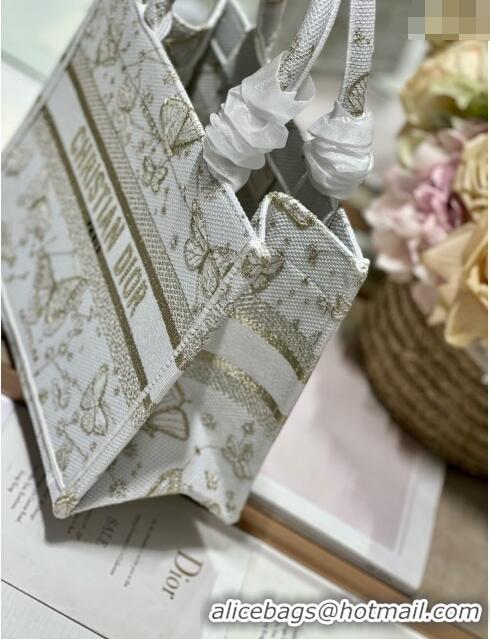 Famous Brand Dior Small Book Tote Bag in Gold-Tone and White Butterfly Zodiac Embroidery CD2931 2023