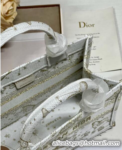 Famous Brand Dior Small Book Tote Bag in Gold-Tone and White Butterfly Zodiac Embroidery CD2931 2023