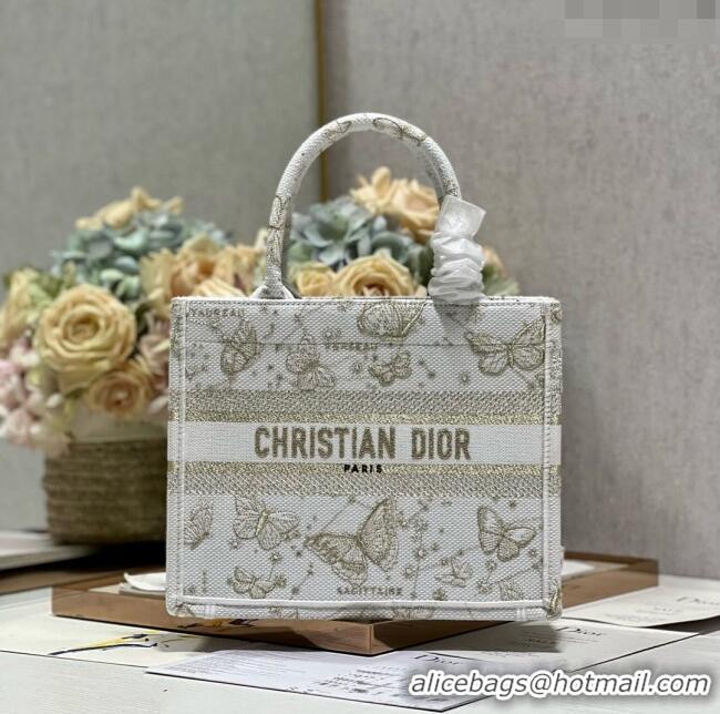 Famous Brand Dior Small Book Tote Bag in Gold-Tone and White Butterfly Zodiac Embroidery CD2931 2023