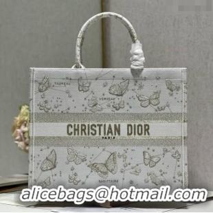 Top Design Dior Large Book Tote Bag in Gold-Tone and White Butterfly Zodiac Embroidery CD2931 2023