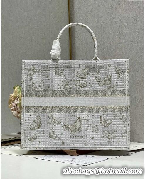 Top Design Dior Large Book Tote Bag in Gold-Tone and White Butterfly Zodiac Embroidery CD2931 2023