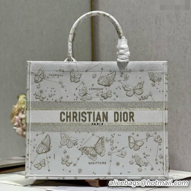 Top Design Dior Large Book Tote Bag in Gold-Tone and White Butterfly Zodiac Embroidery CD2931 2023