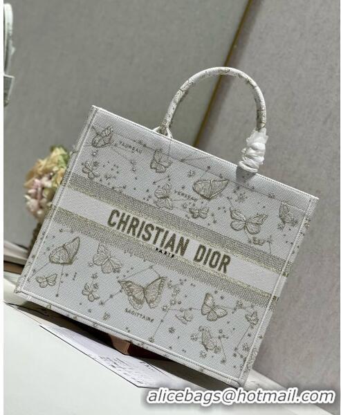 Top Design Dior Large Book Tote Bag in Gold-Tone and White Butterfly Zodiac Embroidery CD2931 2023